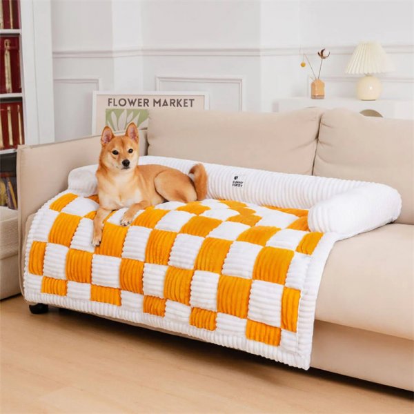 Free Shipping-Cream Square Plaid Cozy Dog Mat Furniture Protector Cover