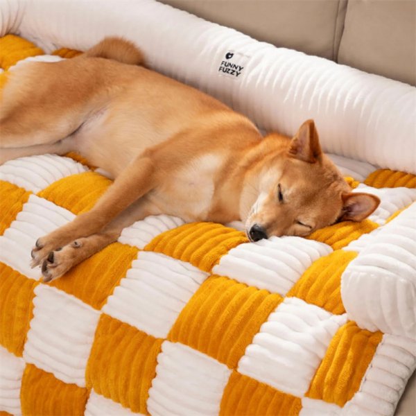 Free Shipping-Cream Square Plaid Cozy Dog Mat Furniture Protector Cover