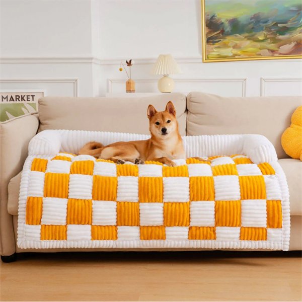 Free Shipping-Cream Square Plaid Cozy Dog Mat Furniture Protector Cover