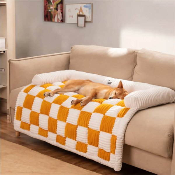 Free Shipping-Cream Square Plaid Cozy Dog Mat Furniture Protector Cover